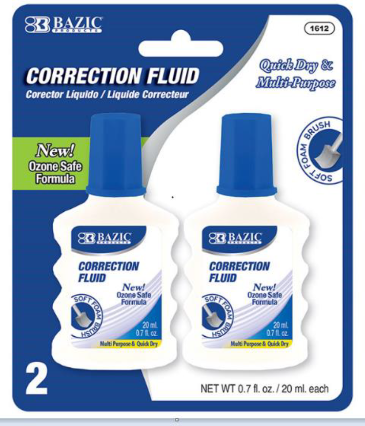 Correction Fluid with Foam Brush, 0.7oz, 2/Pack