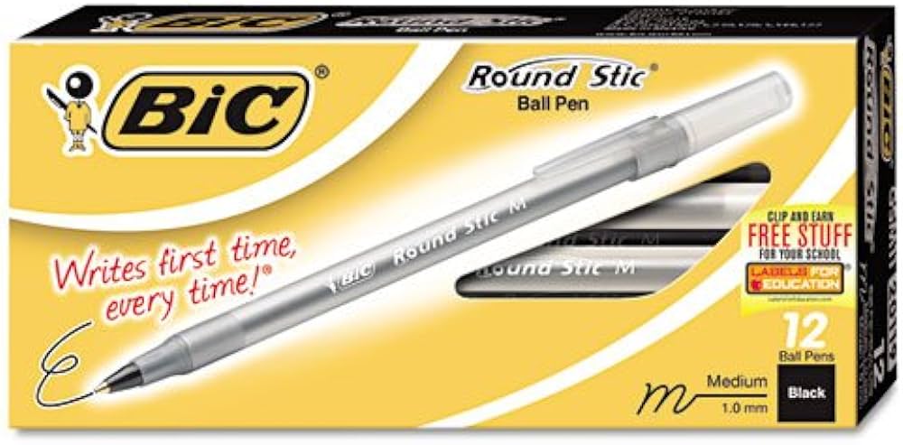 Round Stic Ballpoint Stick Pen, Black Ink, Medium, Dozen