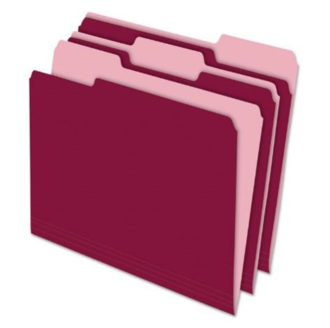 Interior File Folders, 1/3 Cut Top Tab, Letter, Burgundy, 100/Box