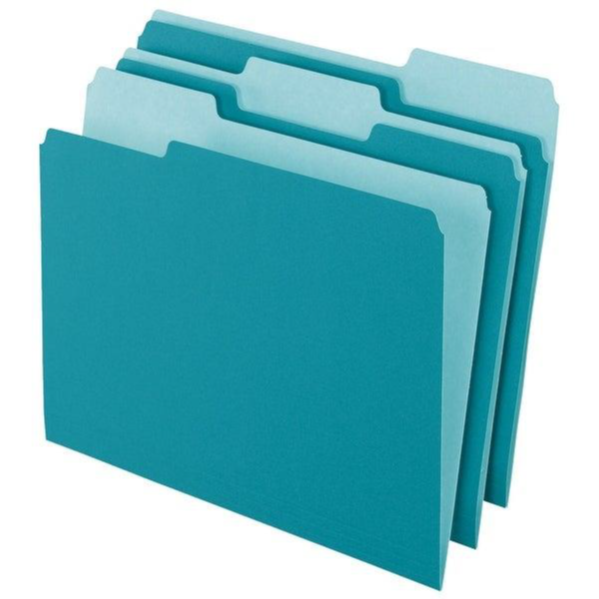 Interior File Folders, 1/3 Cut Top Tab, Letter,  Teal, 100/Box