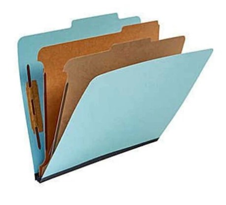 Partition Folders, Standard, Six-Sections (2 Pt.), Bonded Fasteners, 2/5 Cut Tab, Light Blue, Letter, 20/Bx