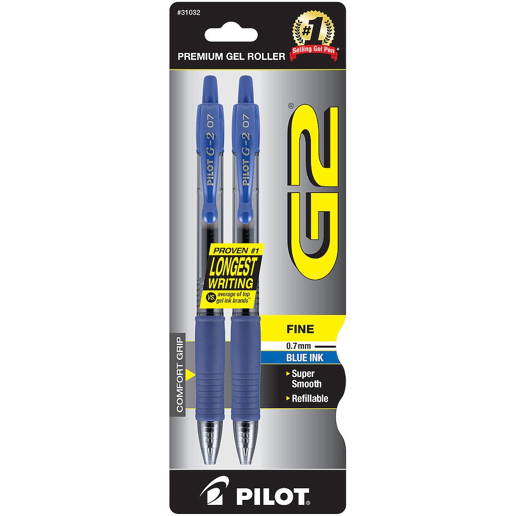 G2 Premium Retractable Gel Ink Pen, Refillable, Blue Ink, .7mm, 2/Pack