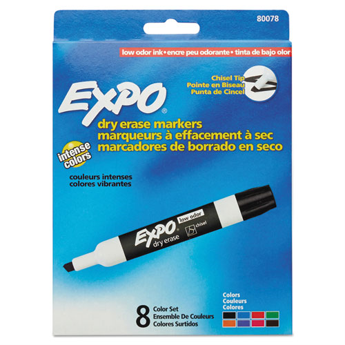 Low Odor Dry Erase Markers, Chisel Tip, Assorted Colors, 8/Set