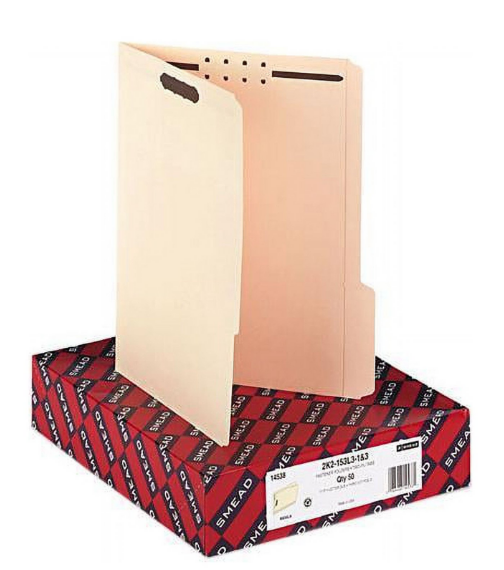 Folder, Two Fasteners, 1/3 Cut Third Position, Top Tab, Letter, Manila, 50/Box