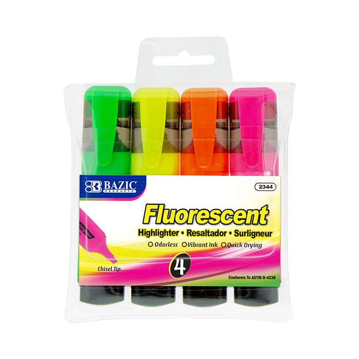 Fluorescent Highlighters w/ Pocket Clip (4/Pack)