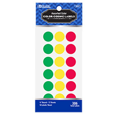 Round Label, 34/", Assorted Color, 306/Pk (Color coding)