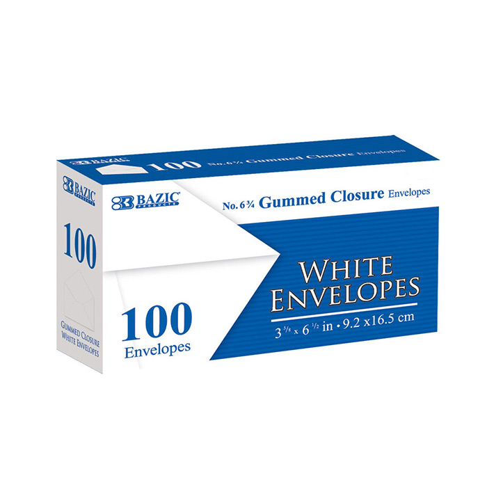 #6 3/4 White Envelopes w/ Gummed Closure, 100/Pack