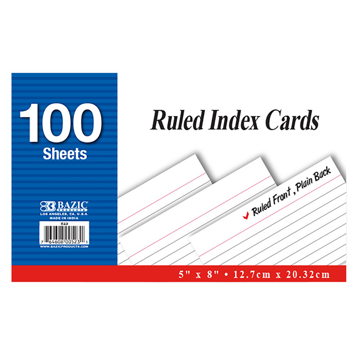 Ruled White Index Card, 5" x 8", 100/Pk