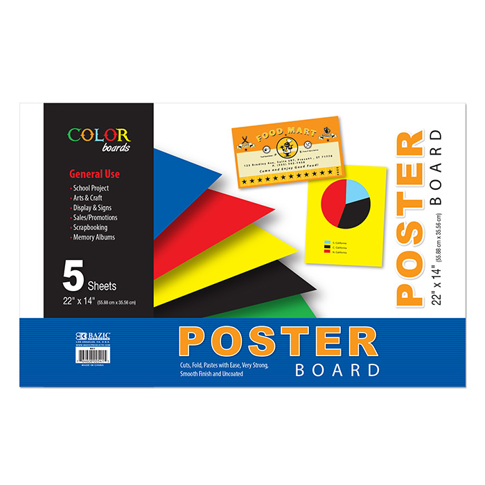 Assorted Color Poster Board, 22" x 14", 5/Pack