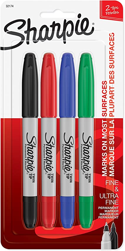 Sharpie Twin-Tip Permanent Marker, Fine/Chisel Tip, Assorted, 4/Pk