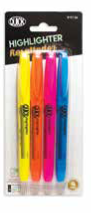 Highlighter, Fluorescent Assorted Colors 4/Pk, Blister