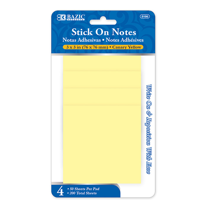 Stick On Notes 3" x 3" 50ct. (4/PK) Yellow