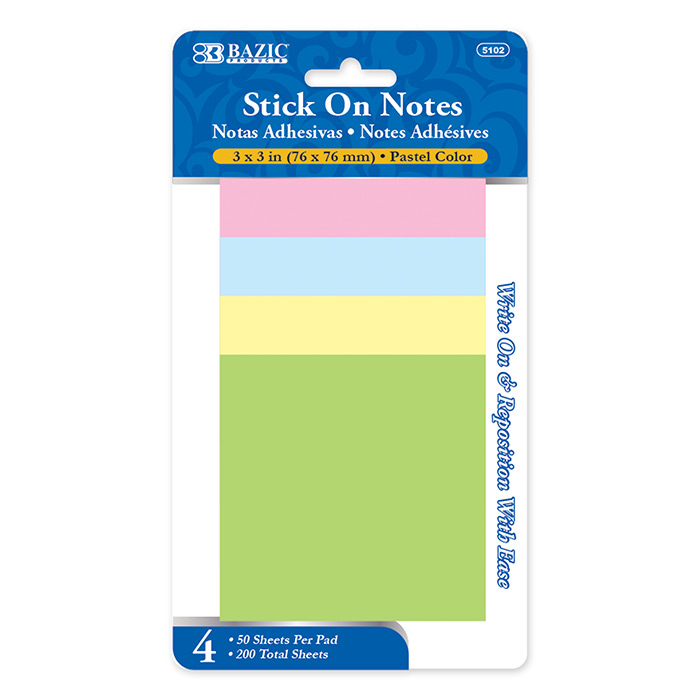 Stick On Notes 3" x 3" 50ct. (4/Pack) Asst. Color