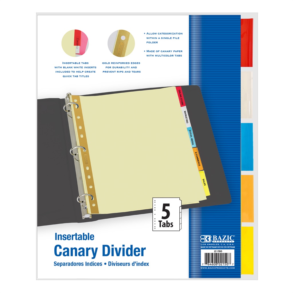 BAZIC Canary Paper Dividers w/ 5-Insertable Color Tabs