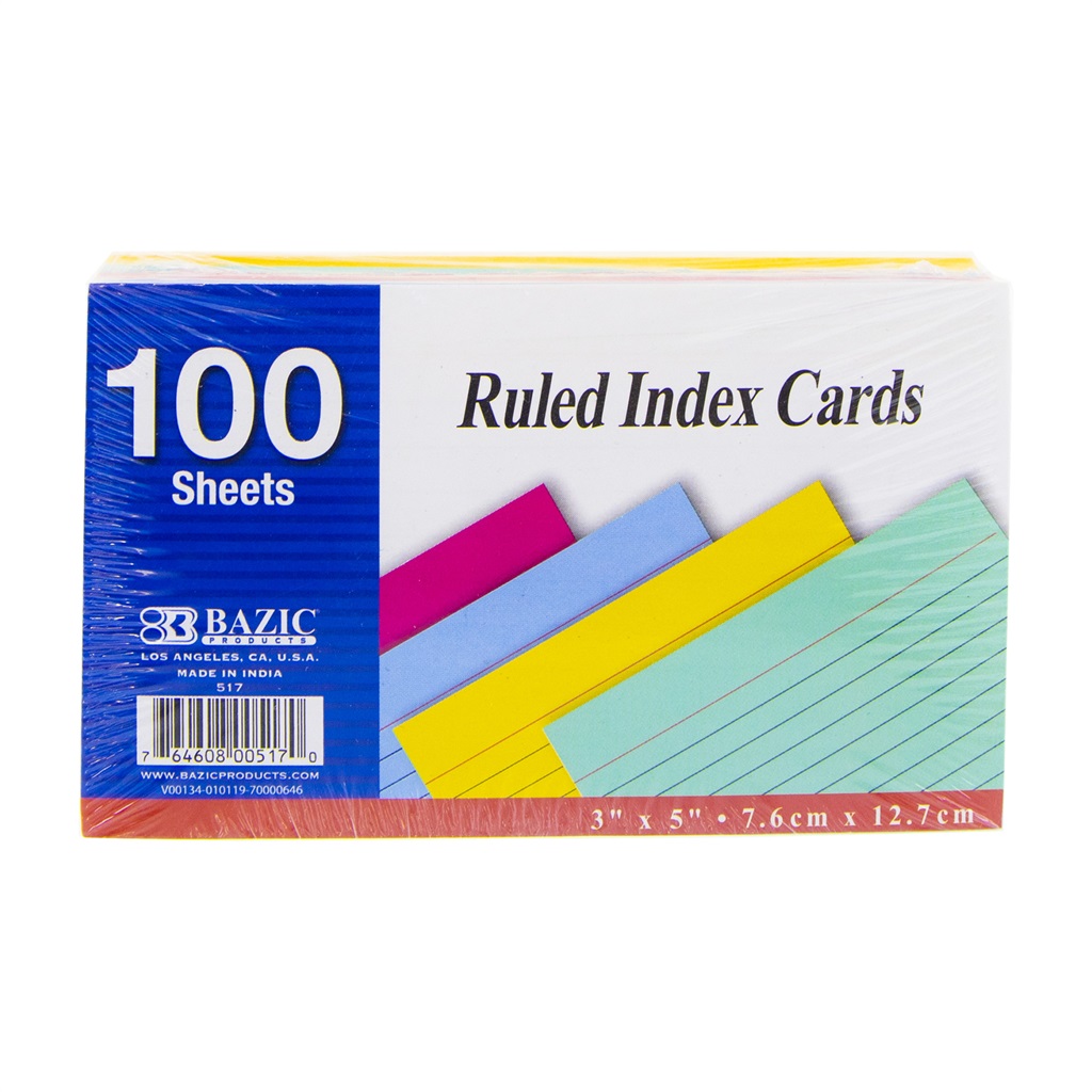 BAZIC 100 Ct. 3" X 5" Ruled Colored Index Card