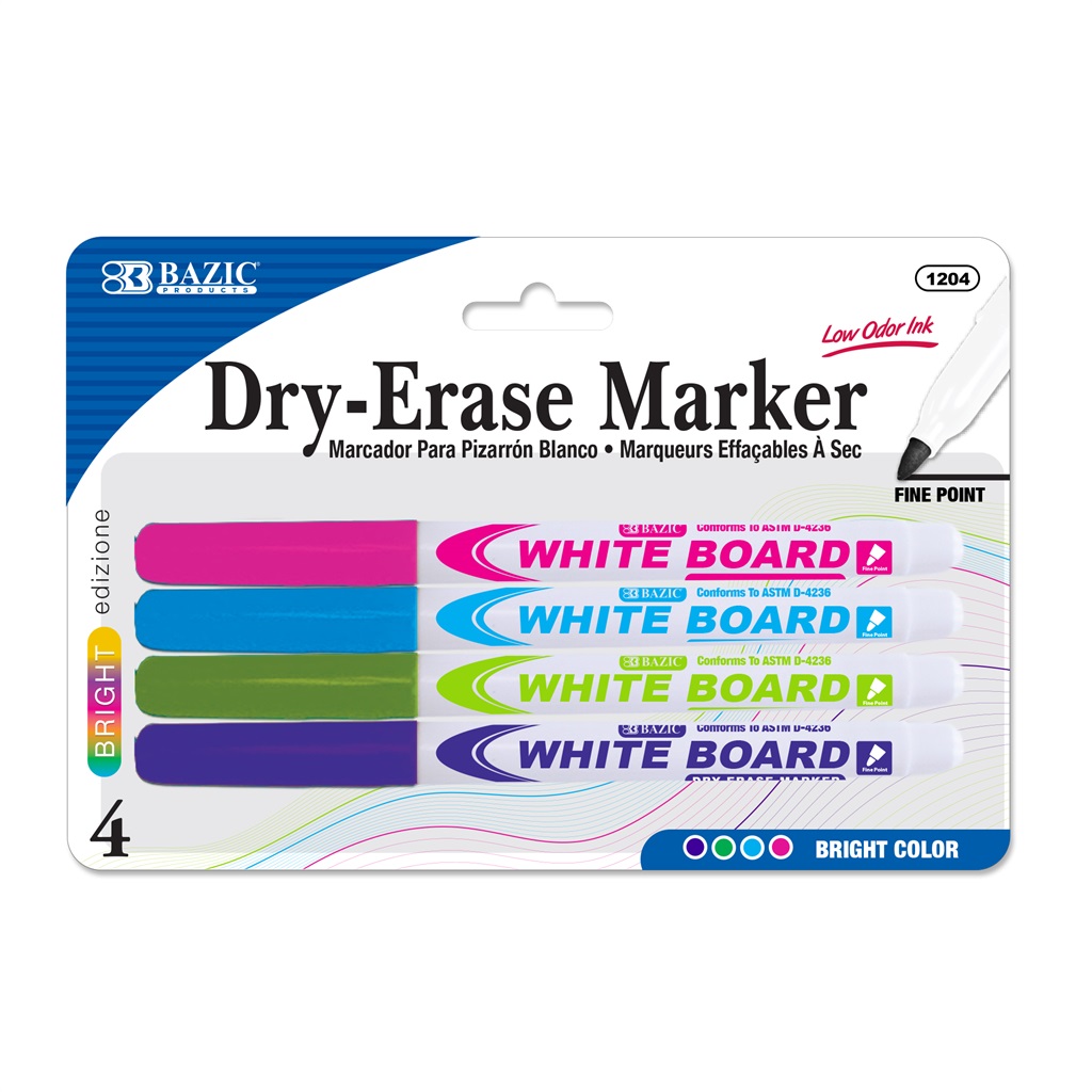 BAZIC Bright Colors Fine Tip Dry-Erase Markers (4/Pack)