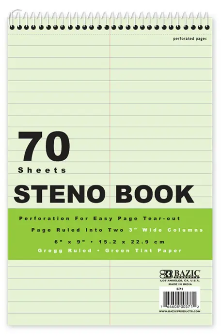 6" X 9" Green Tint Gregg Ruled Steno Book