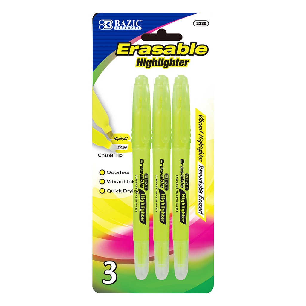 BAZIC Yellow Erasable Highlighter (3/Pack)