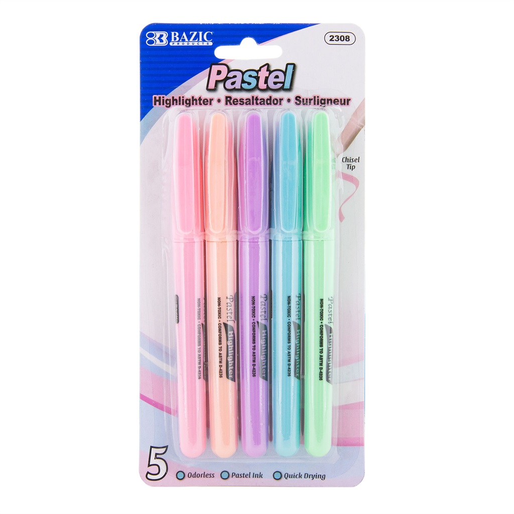 Pen Style Pastel Highlighter w/ Pocket Clip (5/Pack)