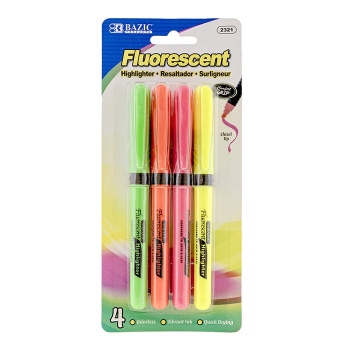 Pen Style Fluorescent Highlighter w/ Cushion Grip (4/Pack)