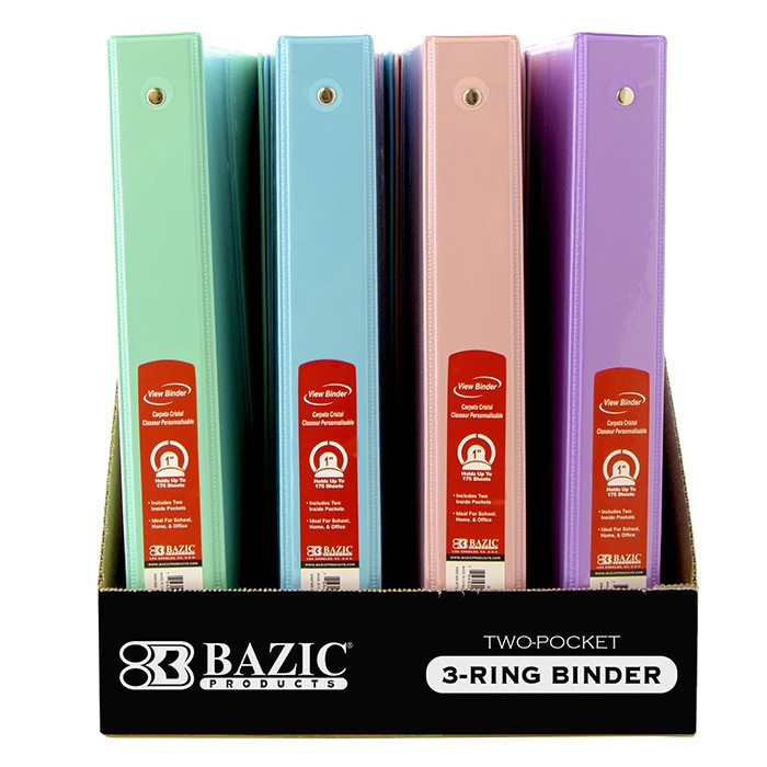 1" Asst. Pastel Color 3-Ring View Binder w/ 2-Pockets