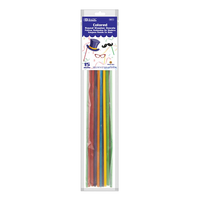 3/16" x 12" Round Multi-Colored Wooden Dowel (15/Bag)