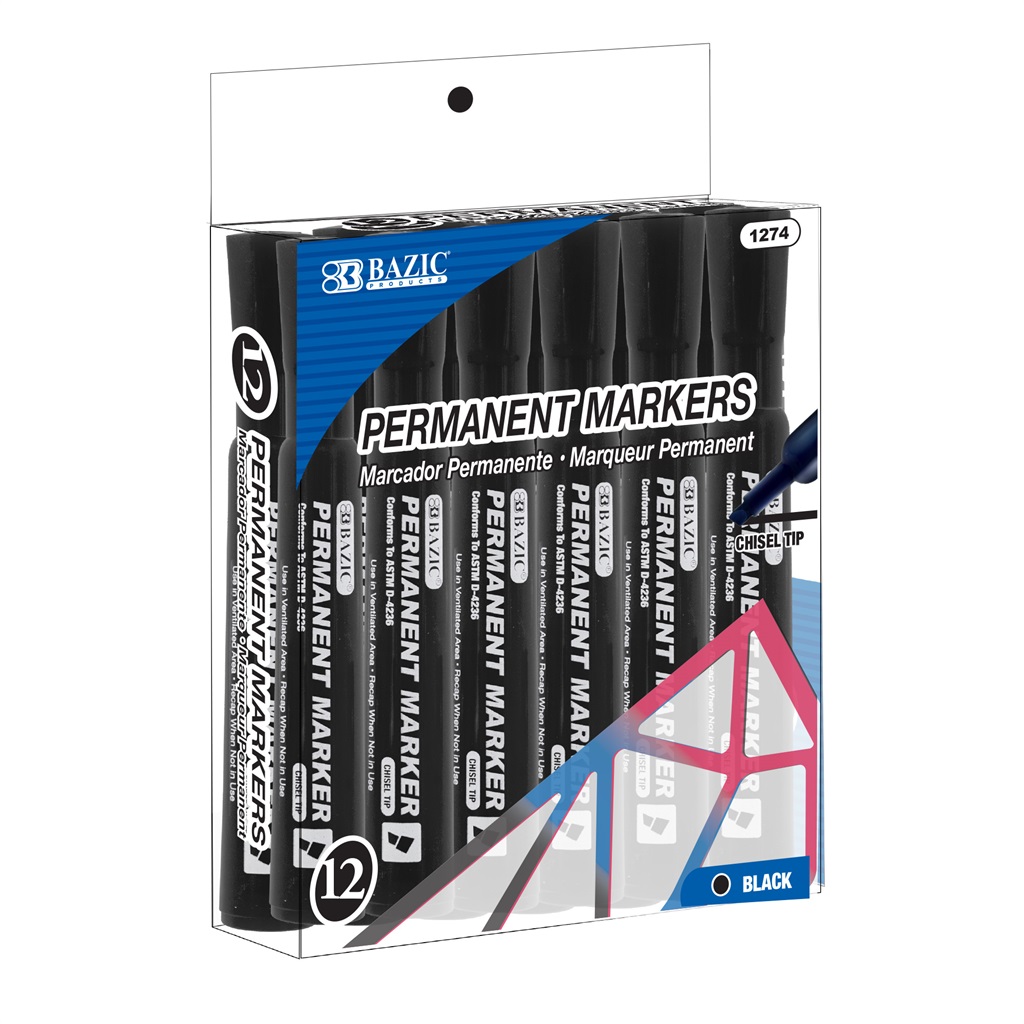 Black Colors Chisel Tip Desk Style Permanent Markers (12/Box)