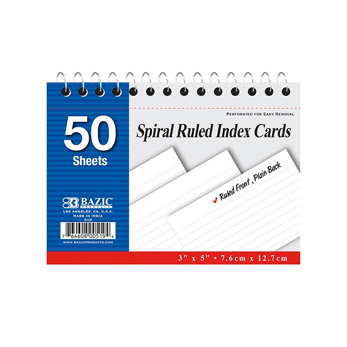 50 Ct. Spiral Bound 3" X 5" Ruled White Index Card