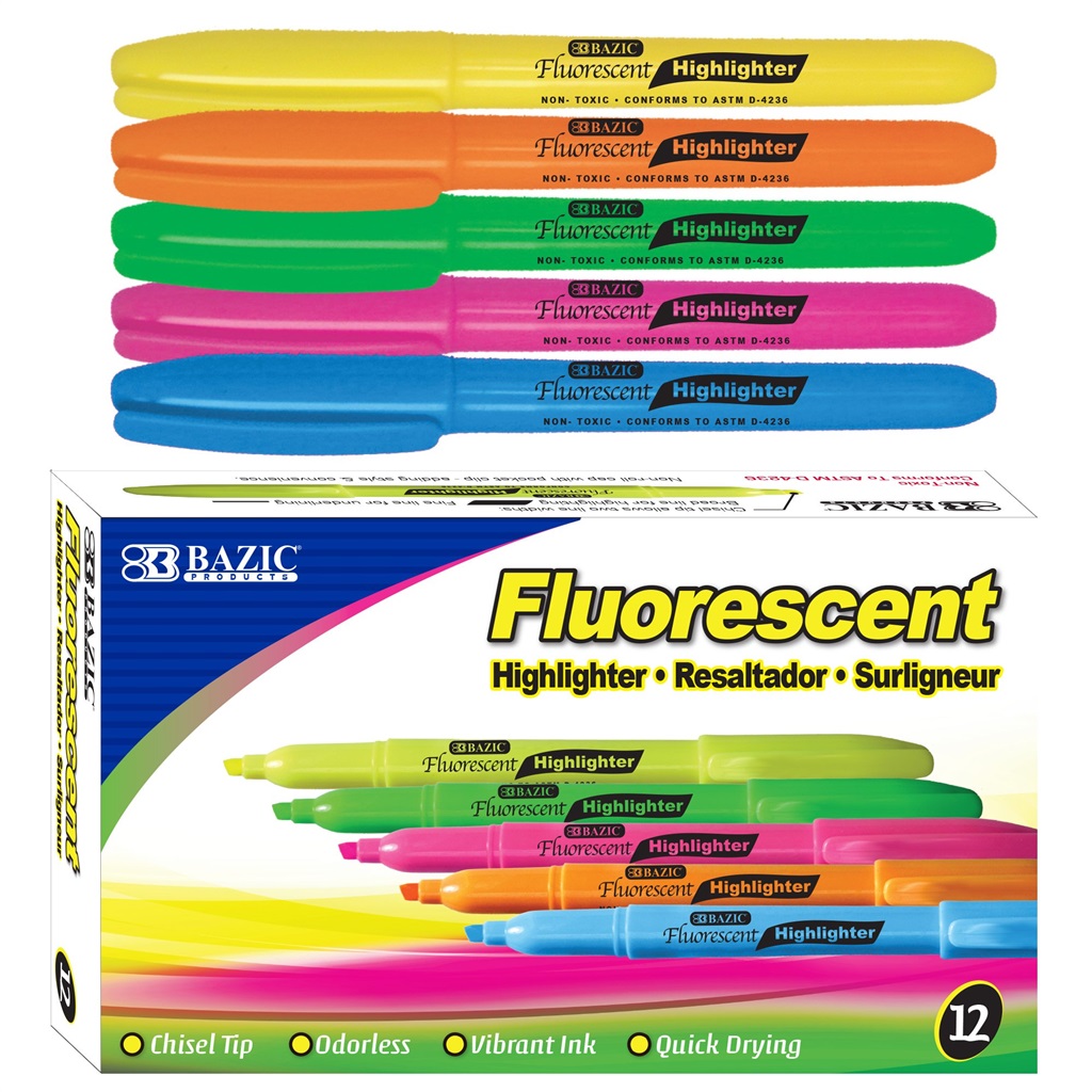 Pen Style Asst. Fluorescent Highlighter w/ Pocket Clip (12/Box)