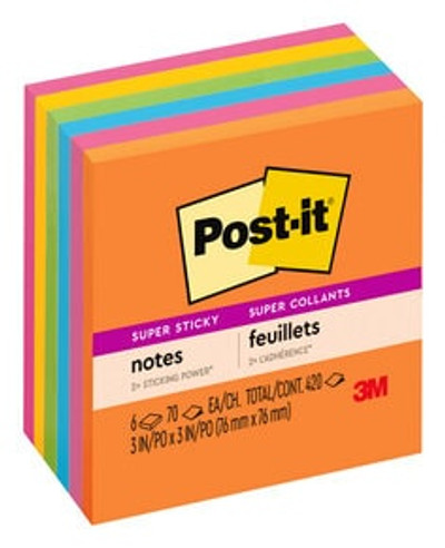 Post-it Super Sticky Notes, 3 in x 3 in, Energy Boost Collection, 6 Pads/Pack (70007057204)