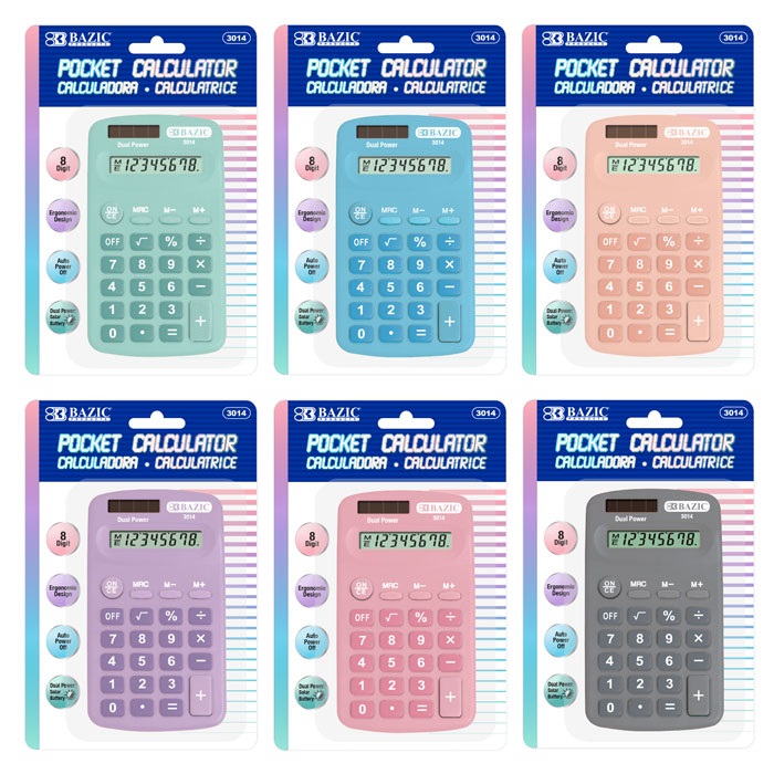 8-Digit Dual Power Pocket Size Calculator - Pastel Color