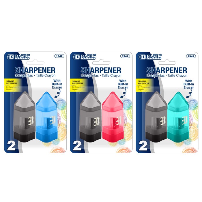 Single Blade Sharpener w/ Receptacle + Eraser (2/Pack)