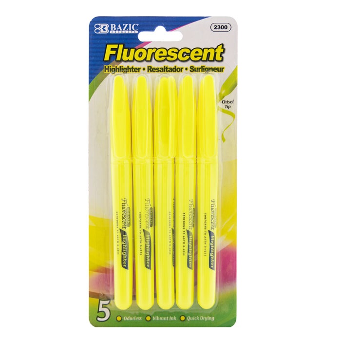 Yellow Pen Style Fluorescent Highlighters w/ Pocket Clip (5/Pack)