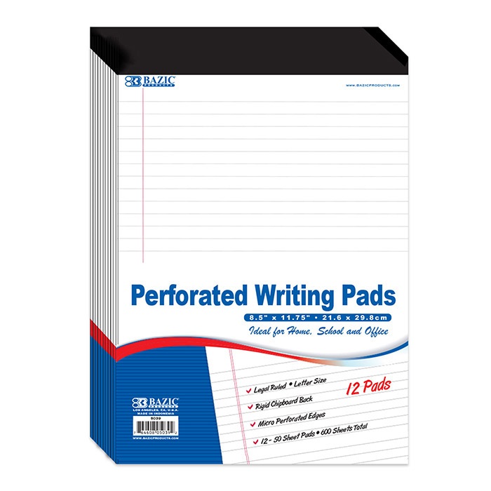 50 Ct. 8.5" X 11.75" White Perforated Writing Pads (12/Pack)