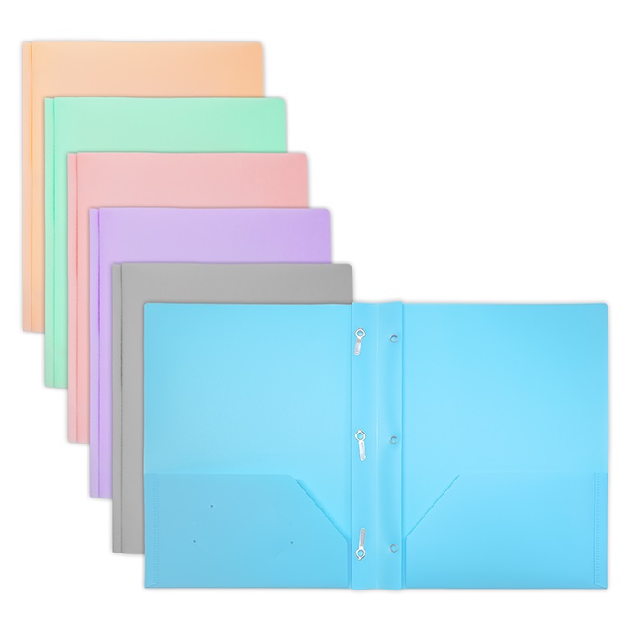 Pastel Color 2-Pocket Poly Portfolio w/ 3 Prongs