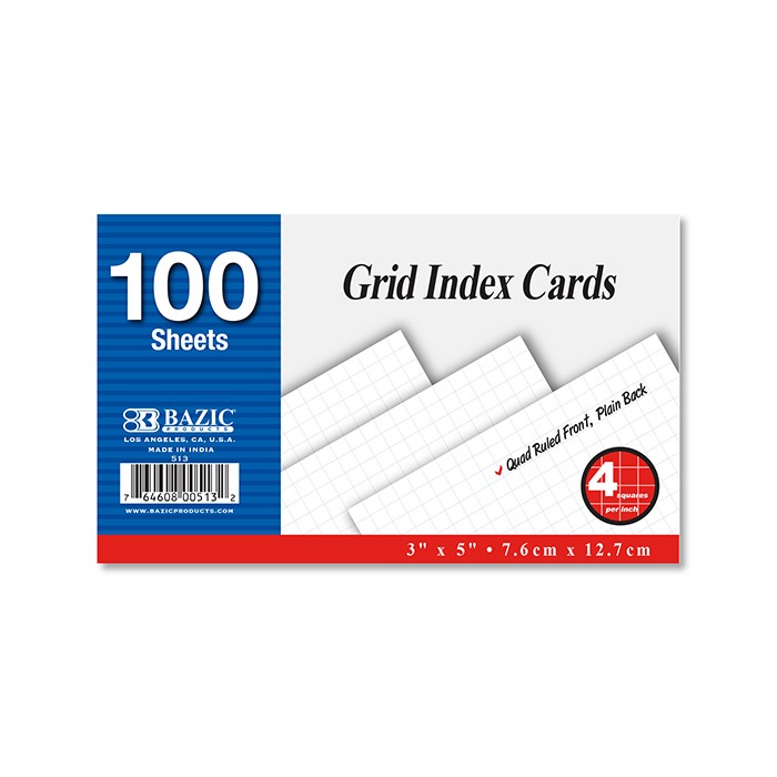 100 Ct. 3" X 5" Quad Ruled 4-1" White Index Card