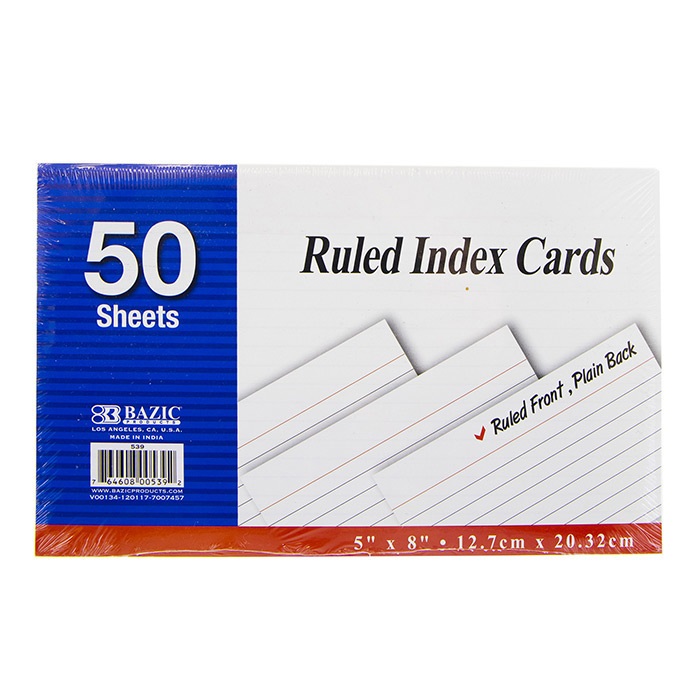 50 Ct. 5" X 8" Ruled White Index Card