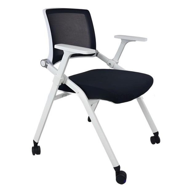 Whiet tubular frame, grey mesh back w/tension adjustment. Foldable.