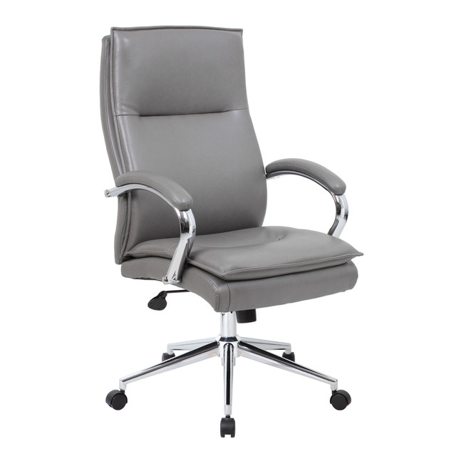 Gray Vinyl Executive High Back W/Fixed Arms & High Crown Chrome Frame