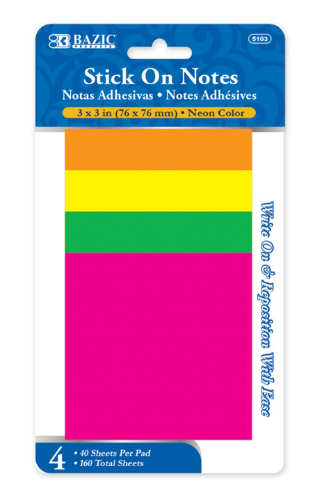 40 Ct. 3" X 3" Neon Sticky Notes (4/Pack)