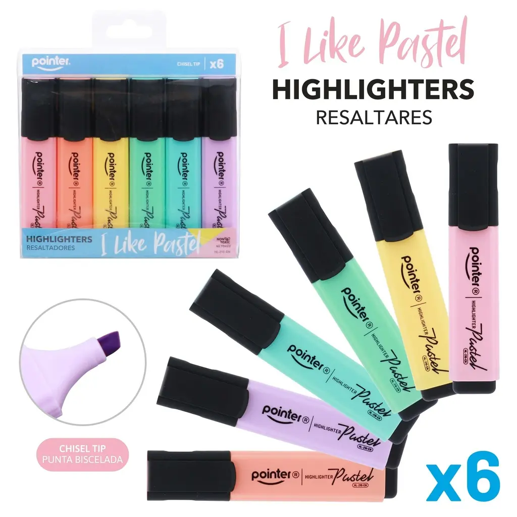 HIGHLIGHTERS, PASTEL, FLAT BODY, CHISEL TIP, SET OF 6 COLORS