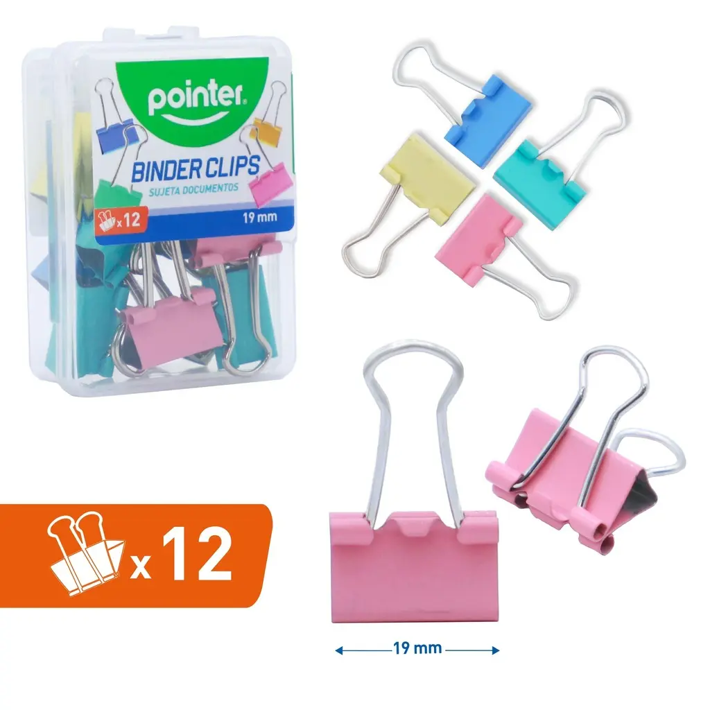 BINDER CLIPS, PASTEL-COLORED, 19MM 3/4", PLASTIC BOX OF 12 PIECES