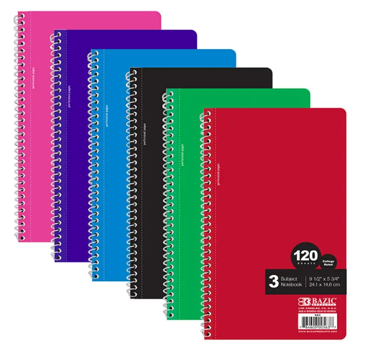 C/R 120 Ct. 9.5" X 5.75" 3-Subject Spiral Notebook