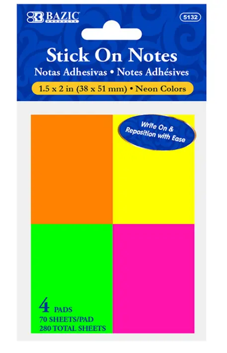70 Ct. 1.5" X 2" Neon Sticky Notes (4/Pack)