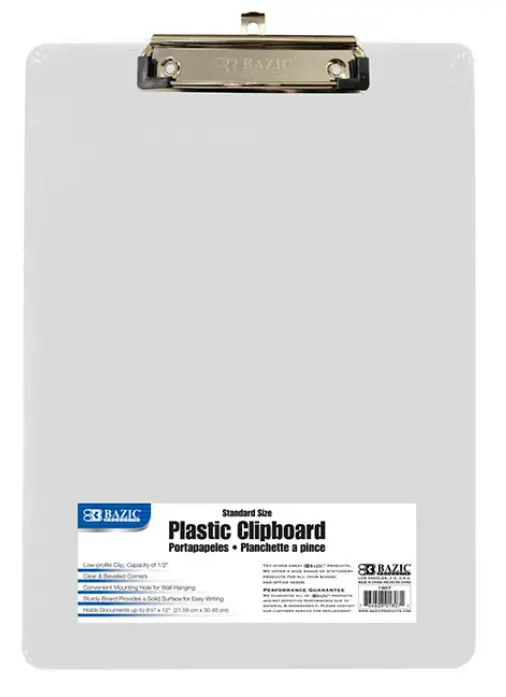 Standard Size Clear Plastic Clipboard w/ Low Profile Clip