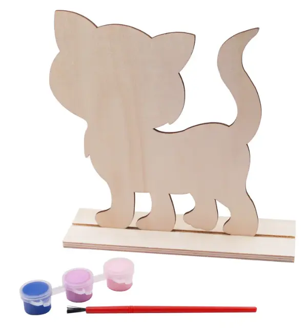 Wooden Painting Set 1 Wooden Cat Shape w/Base 1 Paint Brush + 3 Colors of Tempera Paint Size: 5.9"x6.5"