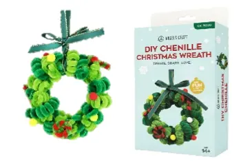 DIY Chenille Christmas Wreath Kit, Includes: Pipe Cleaners, Pom-poms, Ribbon, Plastic Pearl, Round Ring, Hot Melt Glue, Instruction Sheet & QR code for video instructions