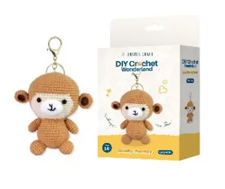 DIY Crochet Kit - Cuddly Monkey, Includes: Yarn, Stuffing, Plastic Eyes, Crochet hook, Plastic stitch, Gold Key Chain, Size 3.5x4.5x5in