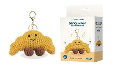 DIY Crochet Kit - Cozy Croissant, Includes: Yarn, Stuffing, Plastic Eyes, Crochet hook, Plastic stitch, Gold Key Chain, Size 5x1.5x4in