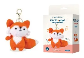 DIY Crochet Kit- Smiley Fox, Includes: Yarn, Stuffing, Plastic Eyes, Crochet hook, Plastic stitch, Gold Key Chain, Size 4x5.5x4in
